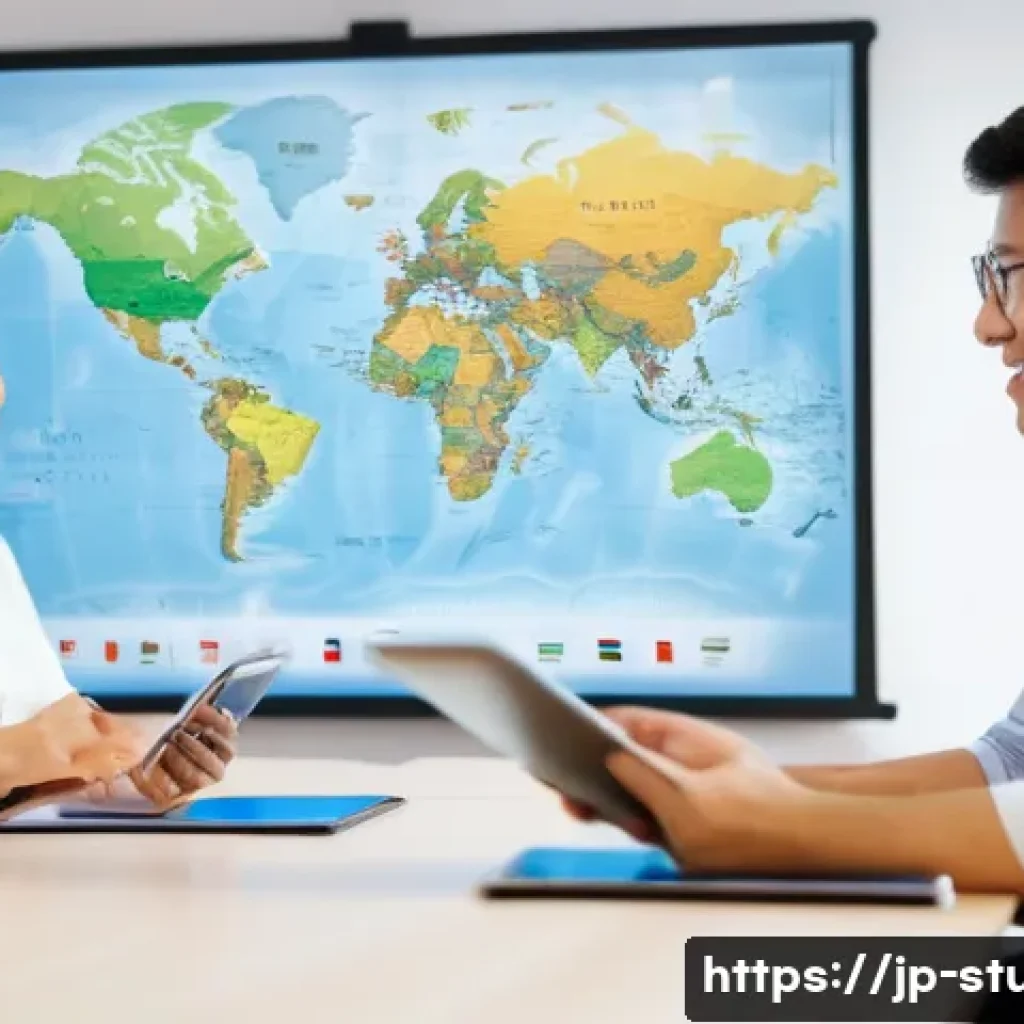 해외연수코디네이터 외국어 능력 - A modern, professional overseas training coordinator communicating confidently with a diverse group ...