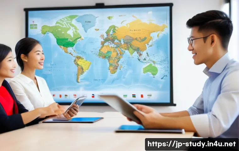 해외연수코디네이터 외국어 능력 - A modern, professional overseas training coordinator communicating confidently with a diverse group ...