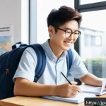 해외연수코디네이터 고객 맞춤 서비스 - A cheerful young Japanese student in casual clothing and a backpack, consulting with a friendly stud...