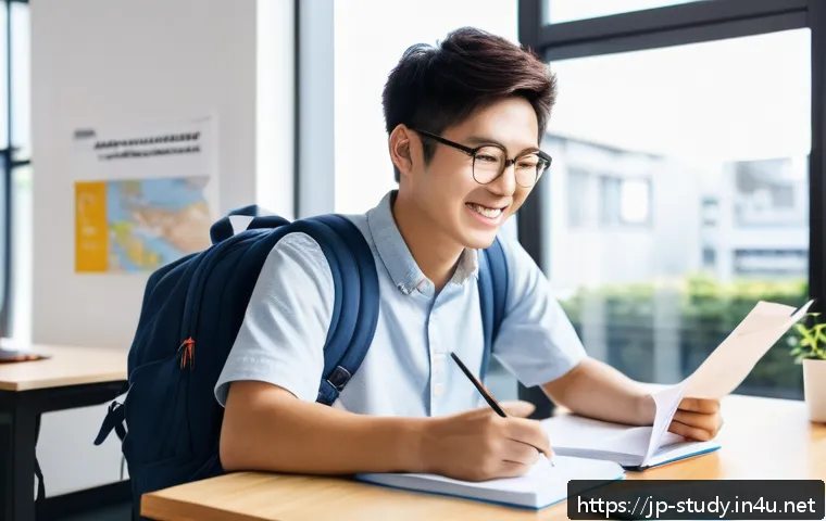 해외연수코디네이터 고객 맞춤 서비스 - A cheerful young Japanese student in casual clothing and a backpack, consulting with a friendly stud...