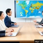 해외연수코디네이터 경력 개발 - A diverse group of professional overseas training coordinators engaged in a multicultural meeting ro...
