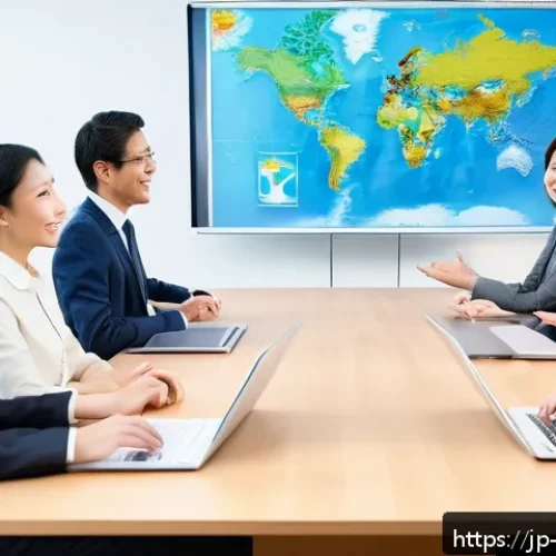 해외연수코디네이터 경력 개발 - A diverse group of professional overseas training coordinators engaged in a multicultural meeting ro...