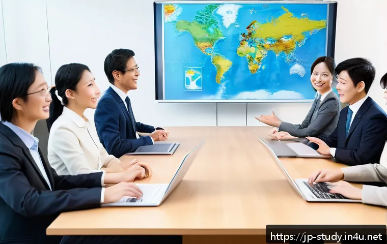 해외연수코디네이터 경력 개발 - A diverse group of professional overseas training coordinators engaged in a multicultural meeting ro...